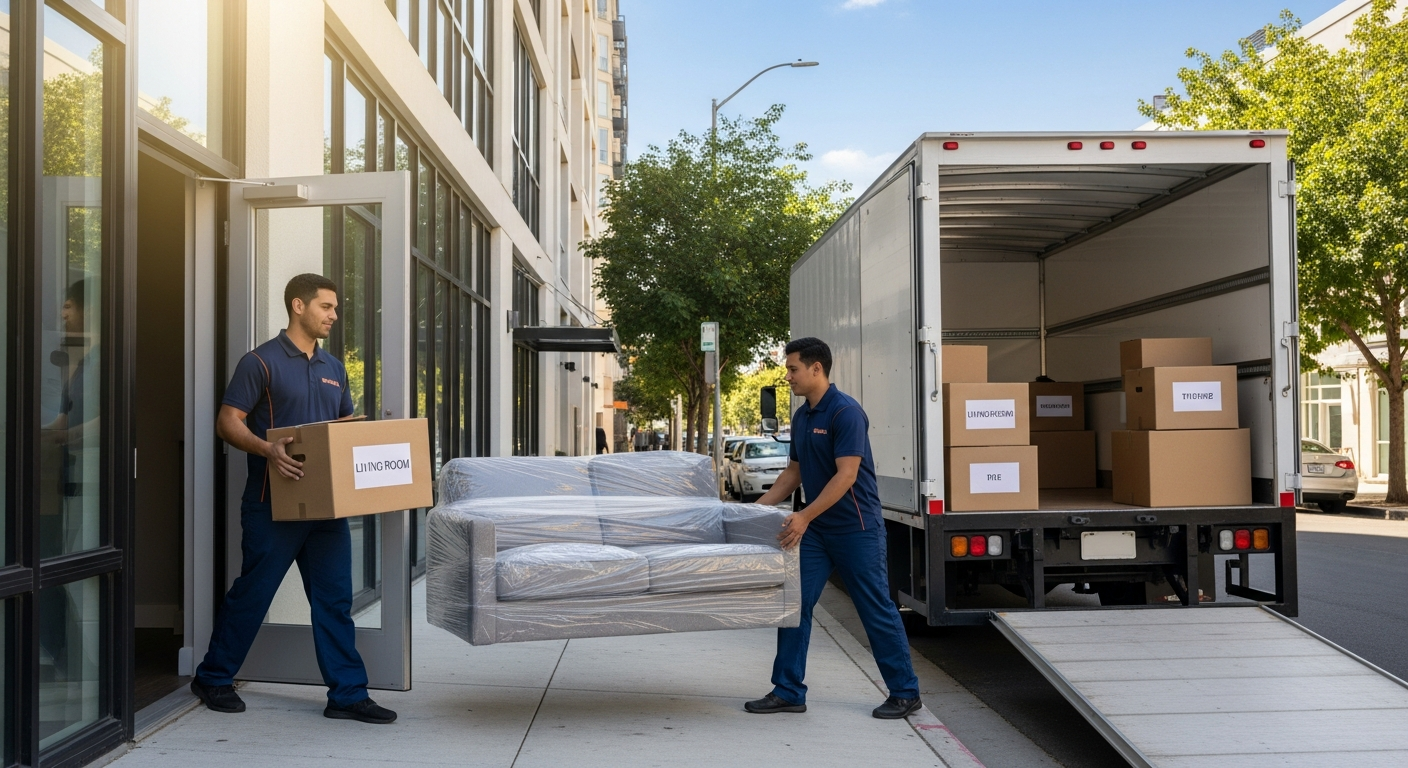 Professional movers carrying boxes from a studio apartment into a local moving truck