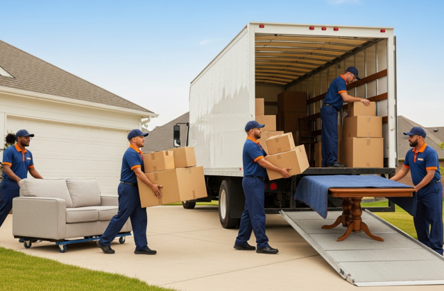 Professional movers loading a truck for an interstate move from a suburban home