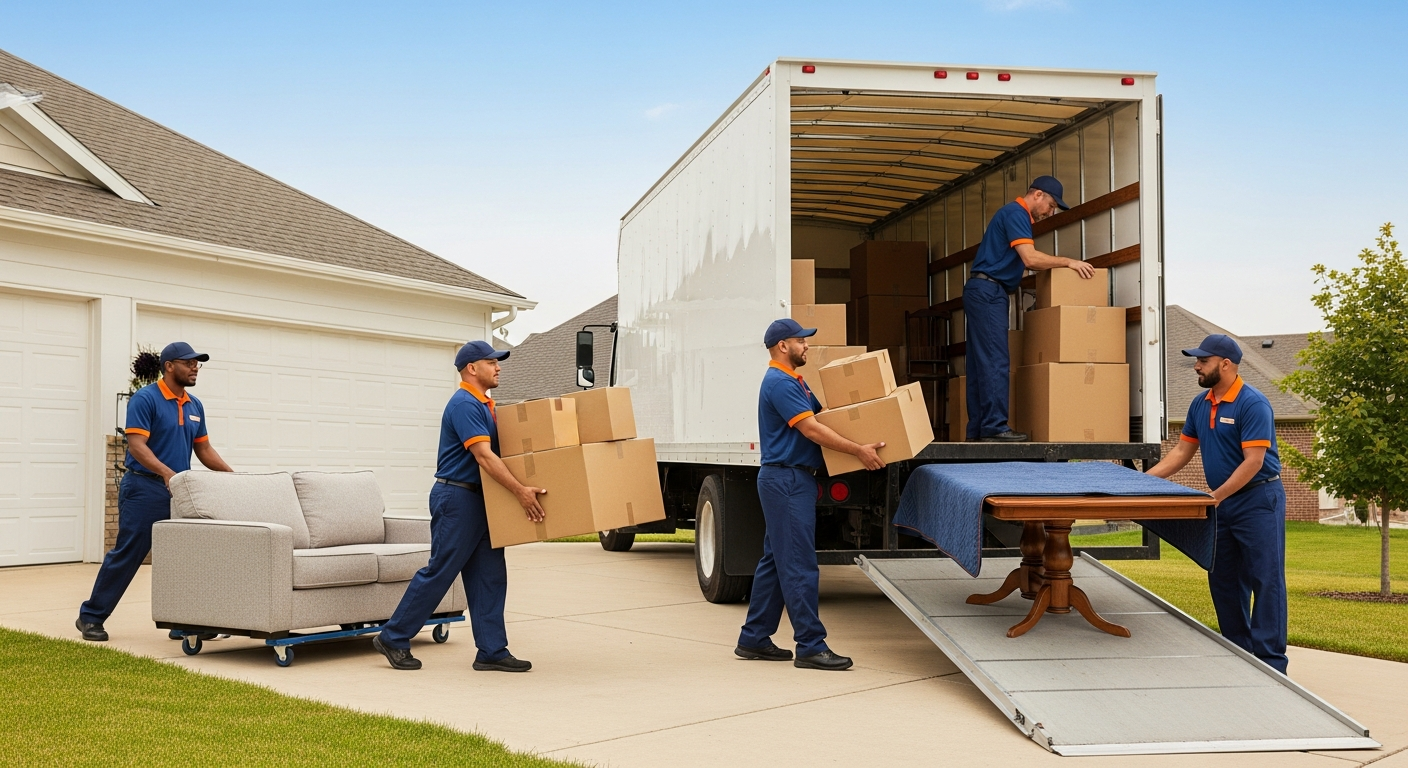 Professional movers loading a truck for an interstate move from a suburban home