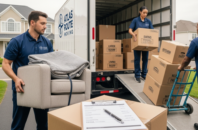 Professional movers loading a truck while reviewing a moving cost estimate