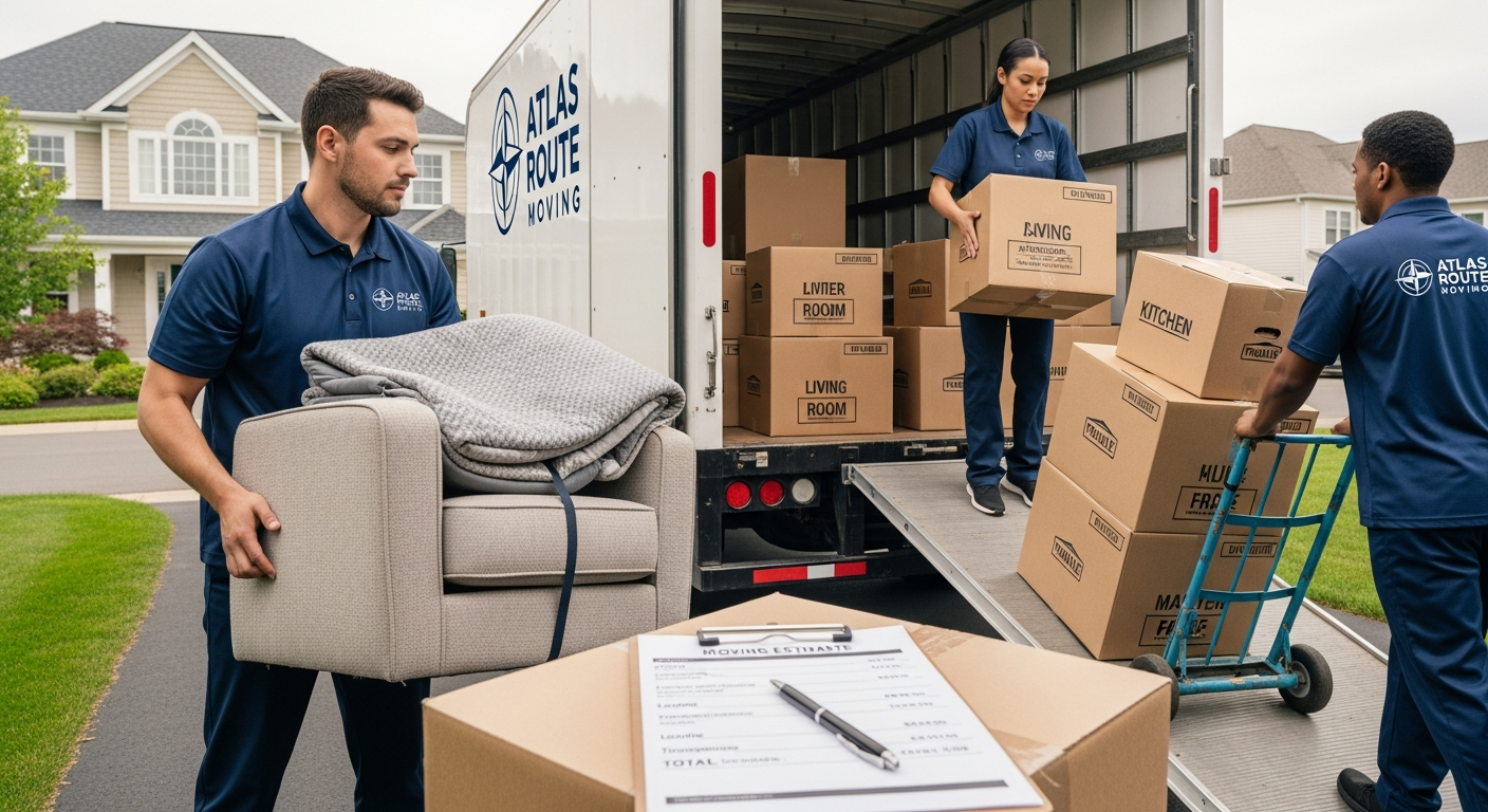 Professional movers loading a truck while reviewing a moving cost estimate