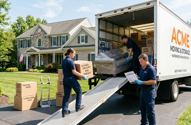 Professional movers loading a long-distance moving truck with labeled boxes and wrapped furniture