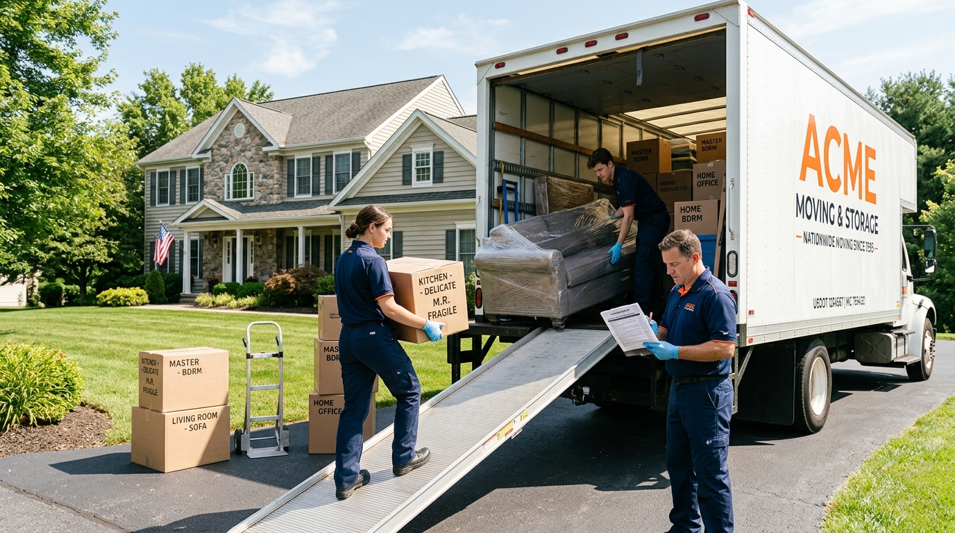 Professional movers loading a long-distance moving truck with labeled boxes and wrapped furniture