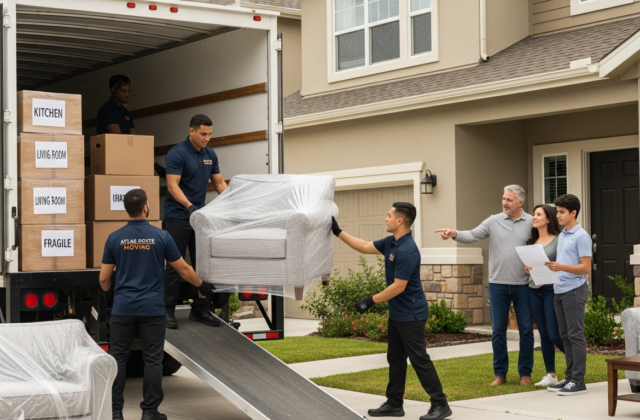 Professional movers loading a truck while a family reviews a moving to a new state checklist