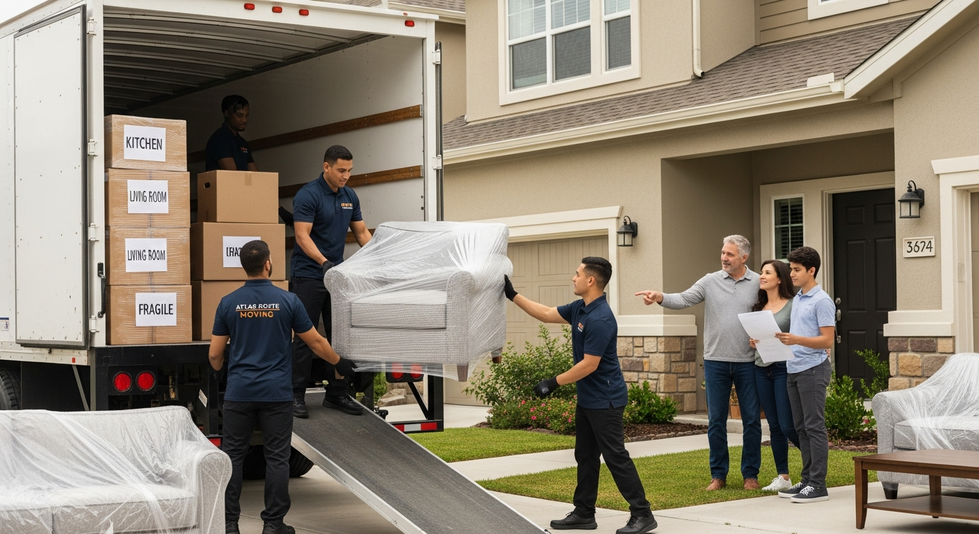 Professional movers loading a truck while a family reviews a moving to a new state checklist