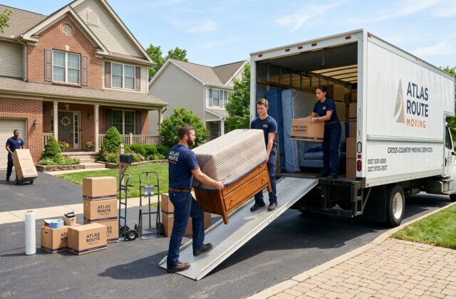 Professional movers loading a truck for a cross-country move