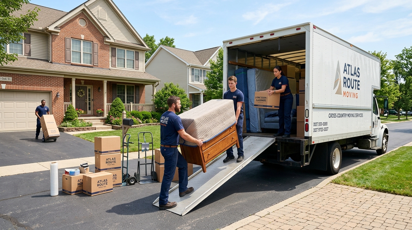 Professional movers loading a truck for a cross-country move