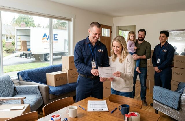 Professional movers reviewing a moving estimate with a customer in a living room