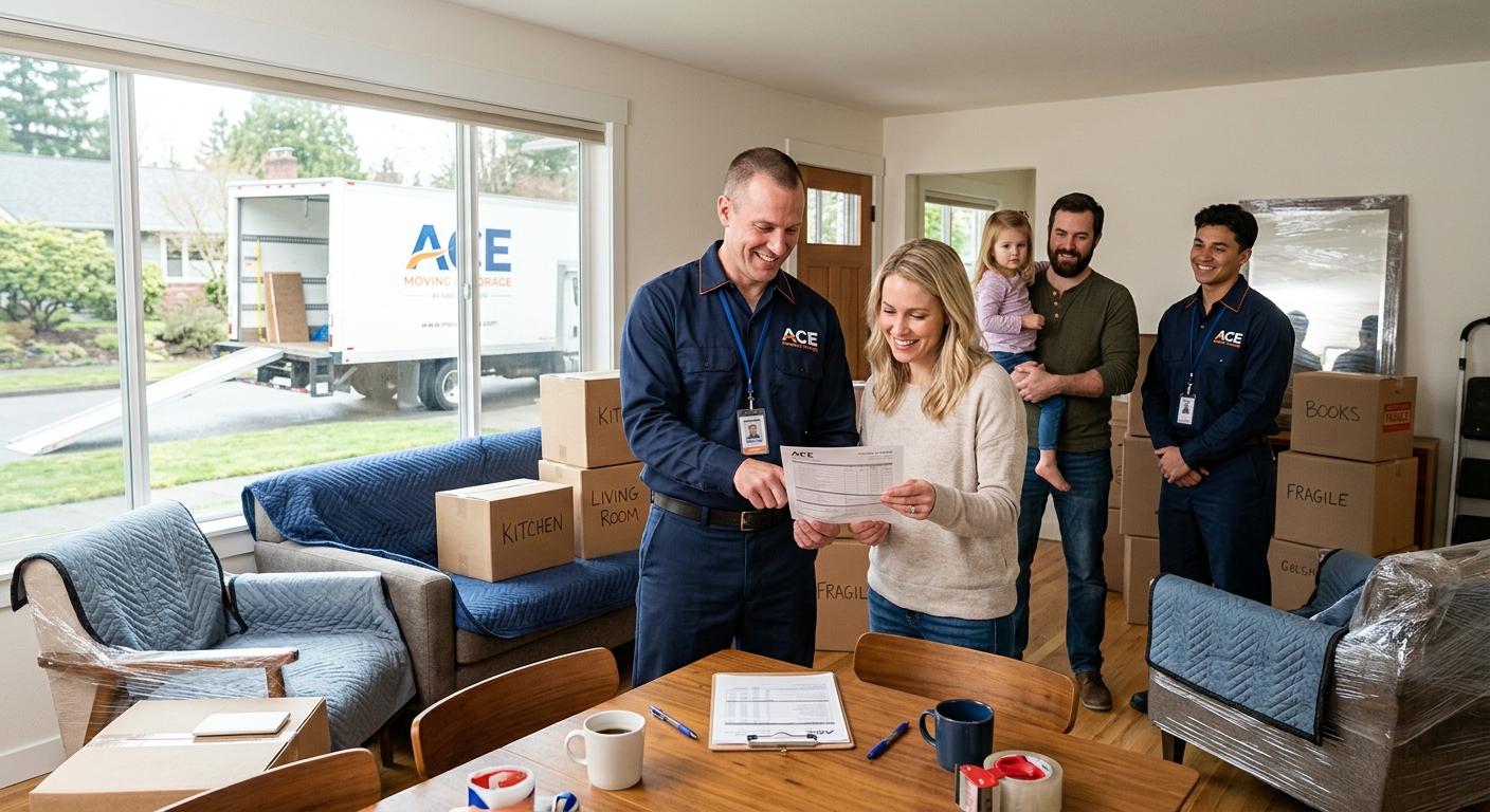 Professional movers reviewing a moving estimate with a customer in a living room