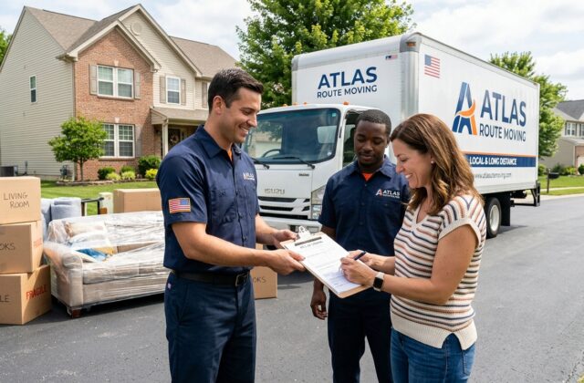 Mover and customer reviewing a bill of lading before a long-distance move