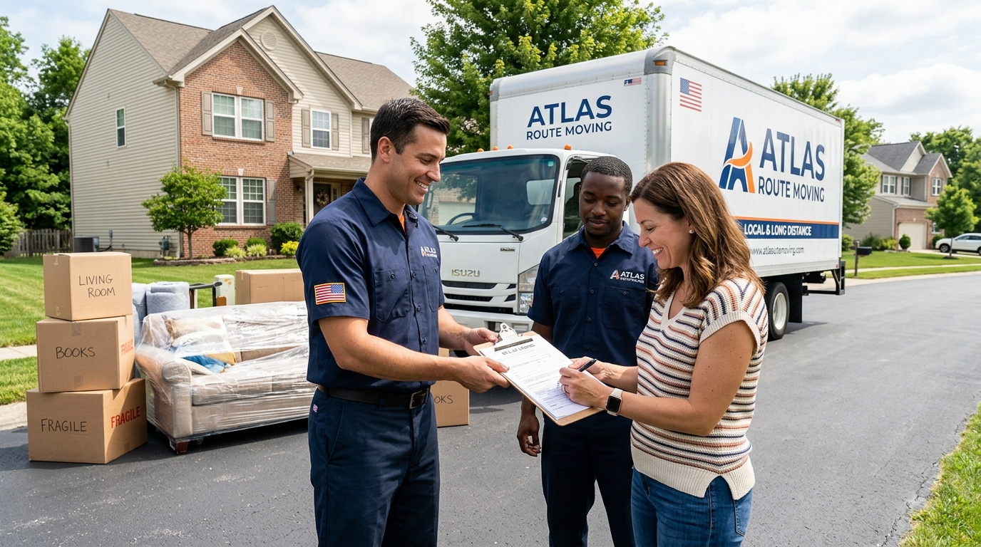 Mover and customer reviewing a bill of lading before a long-distance move
