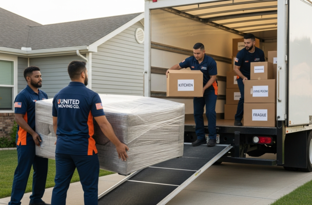 Professional movers loading labeled boxes into a moving truck outside a home