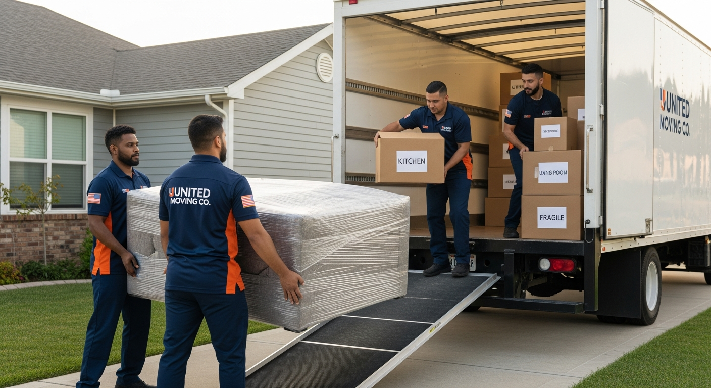 Professional movers loading labeled boxes into a moving truck outside a home