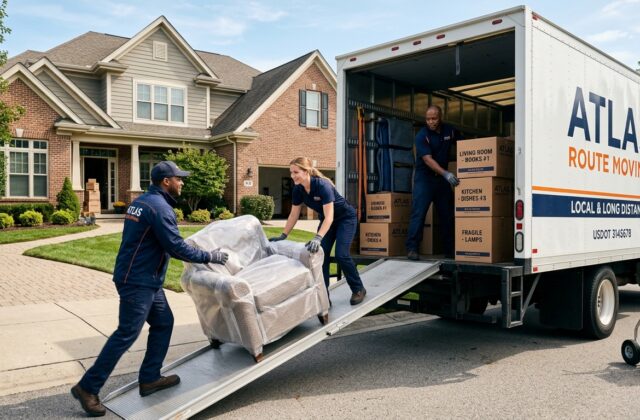 Professional movers loading labeled boxes into a clean moving truck in front of a U.S. home