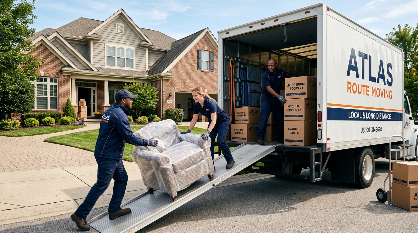 Professional movers loading labeled boxes into a clean moving truck in front of a U.S. home