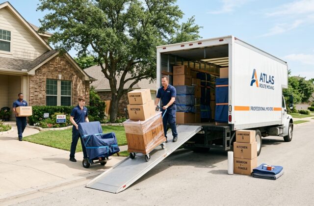 Professional movers loading boxes into a long-distance moving truck outside a house