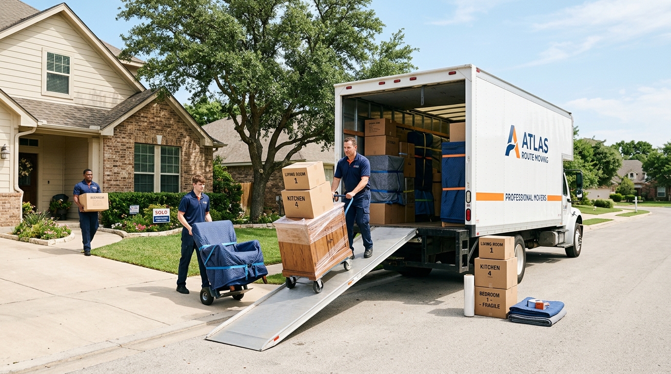 Professional movers loading boxes into a long-distance moving truck outside a house