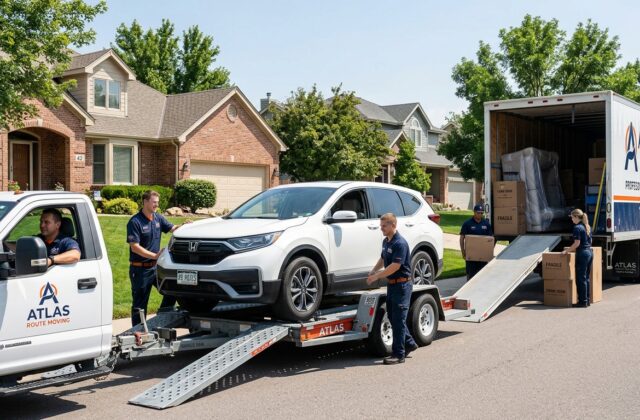 Professional movers loading a car onto an auto transport trailer during a long-distance move