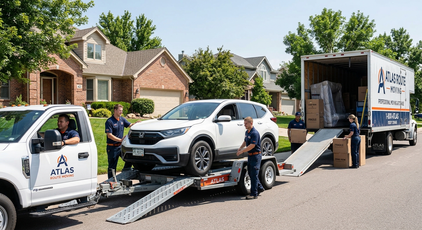 Professional movers loading a car onto an auto transport trailer during a long-distance move
