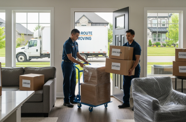 Professional movers loading labeled boxes from a prepared home