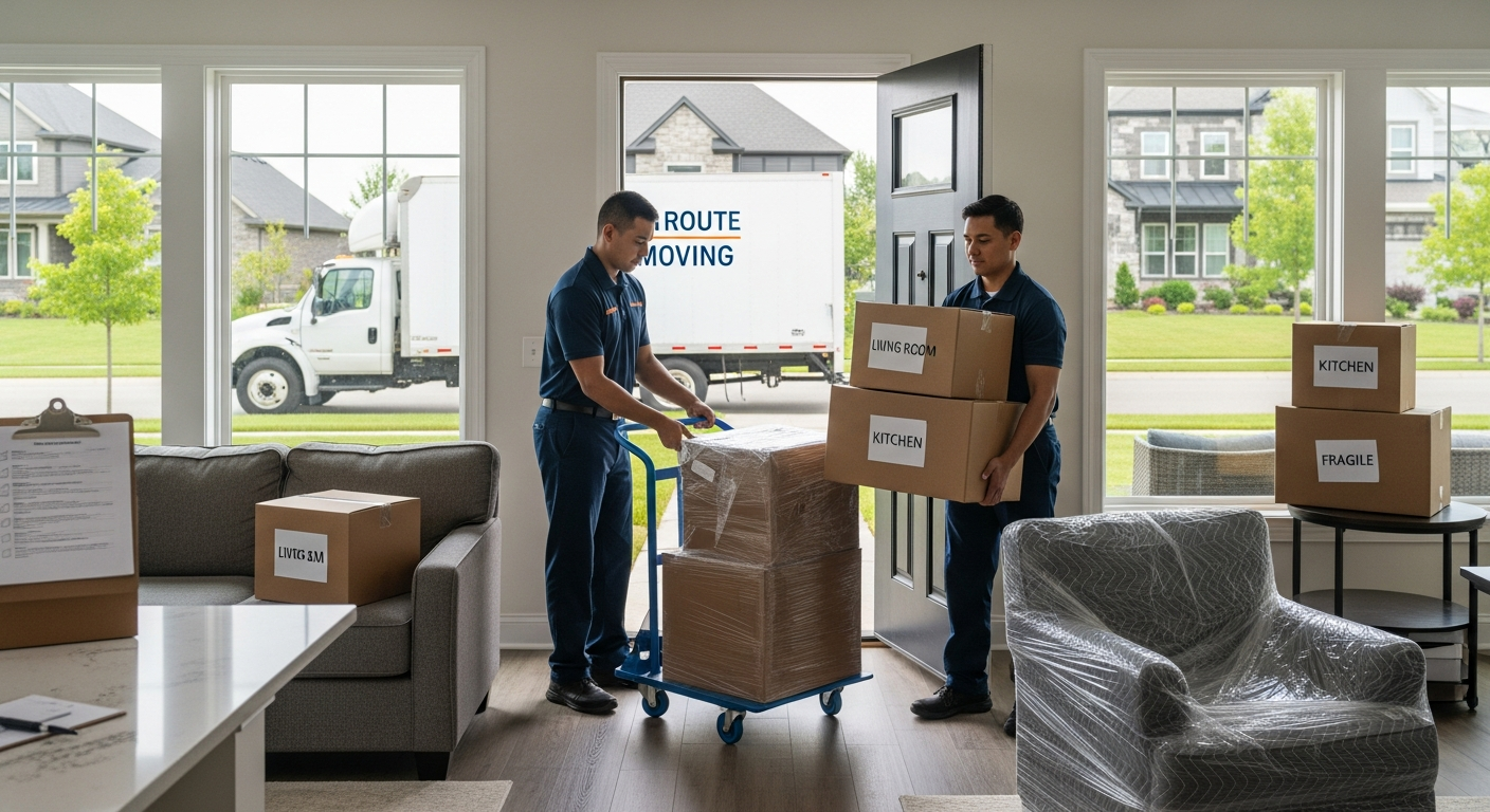 Professional movers loading labeled boxes from a prepared home