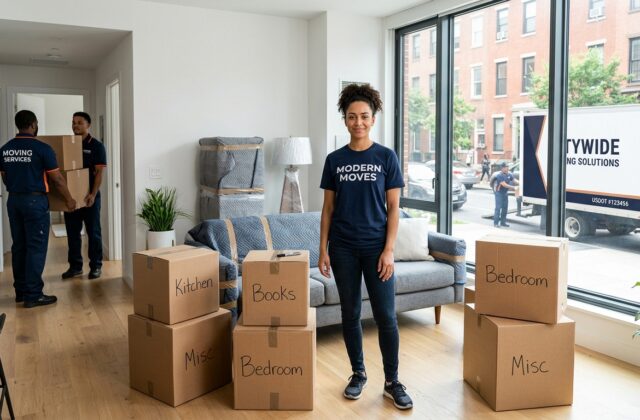 Young adult moving alone into a new city apartment with professional movers and packed boxes