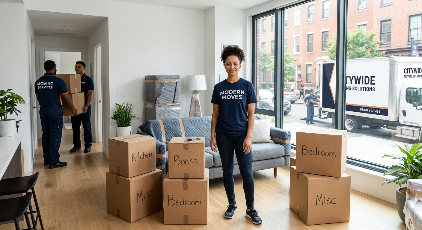 Young adult moving alone into a new city apartment with professional movers and packed boxes