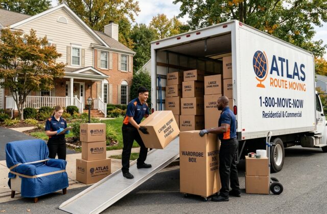 Professional movers loading labeled moving boxes of different sizes into a truck