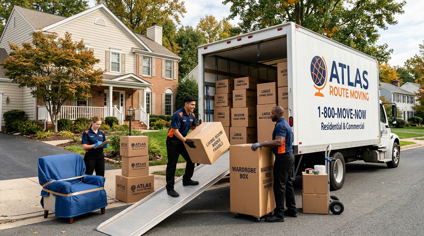 Professional movers loading labeled moving boxes of different sizes into a truck