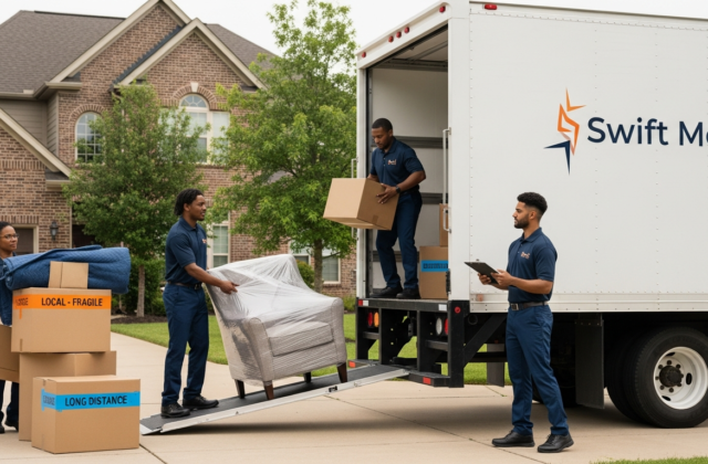 Professional movers loading boxes into a truck for a local or long-distance move