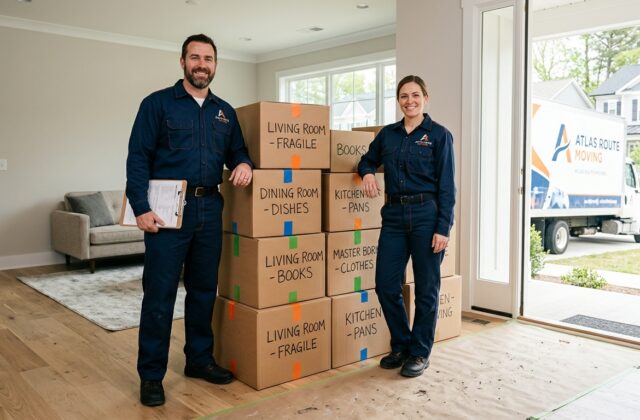 Professional movers stacking clearly labeled and color-coded moving boxes in a bright living room.