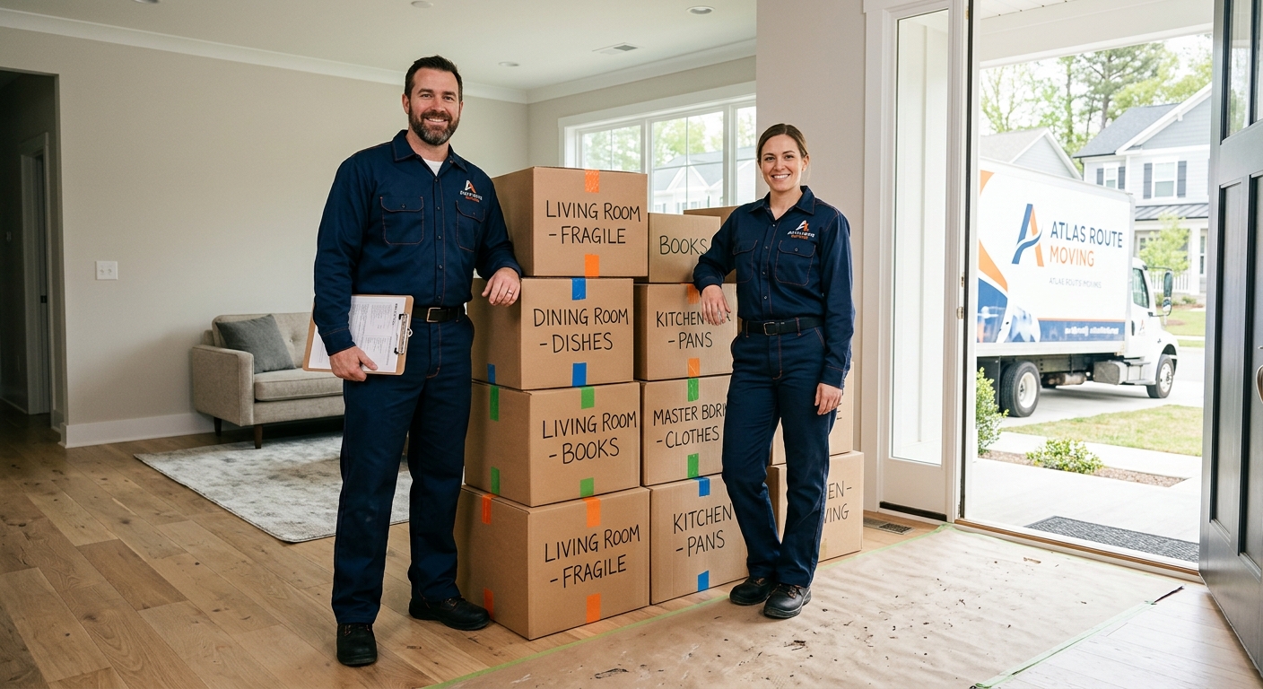 Professional movers stacking clearly labeled and color-coded moving boxes in a bright living room.