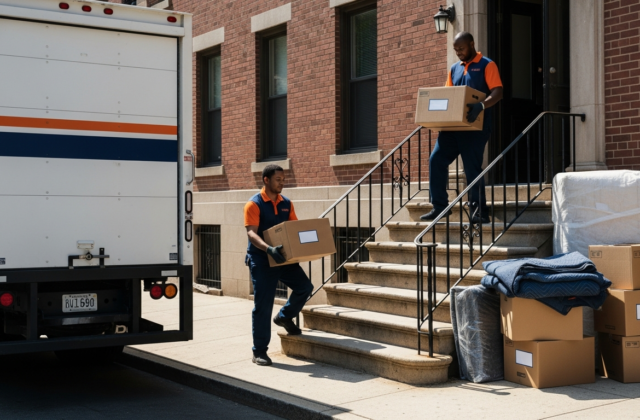 Professional movers loading labeled boxes into a truck for a same-day local move