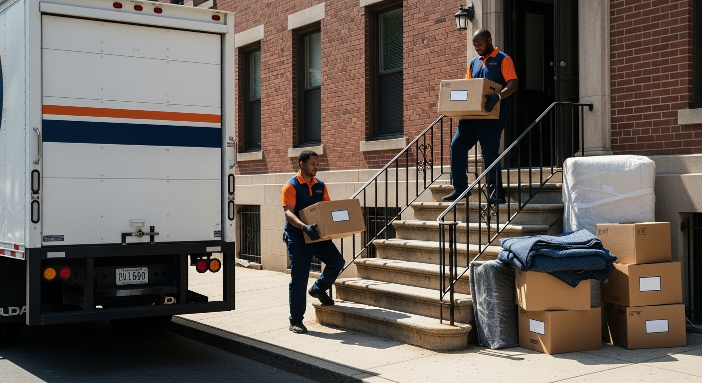 Professional movers loading labeled boxes into a truck for a same-day local move