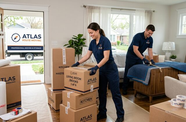 Professional movers organizing labeled boxes and packing supplies in a home