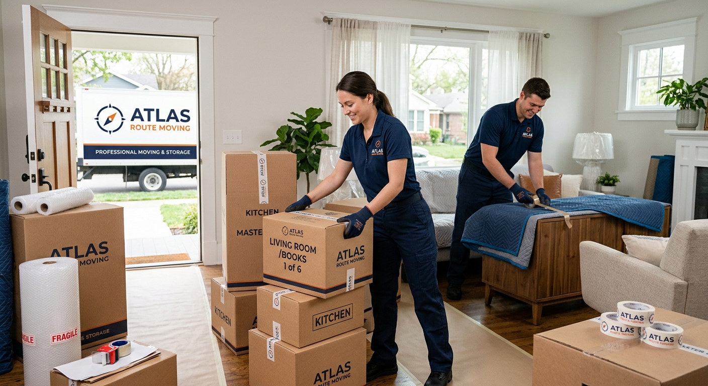 Professional movers organizing labeled boxes and packing supplies in a home