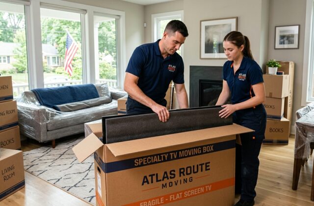 Professional movers carefully packing a flat screen TV in a moving box