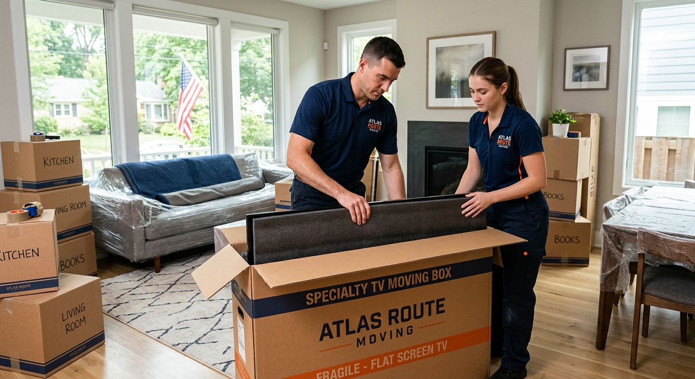 Professional movers carefully packing a flat screen TV in a moving box