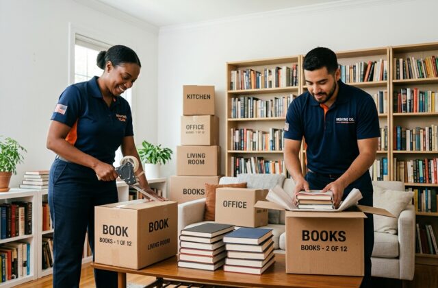 Professional movers packing books into small labeled boxes for a home move