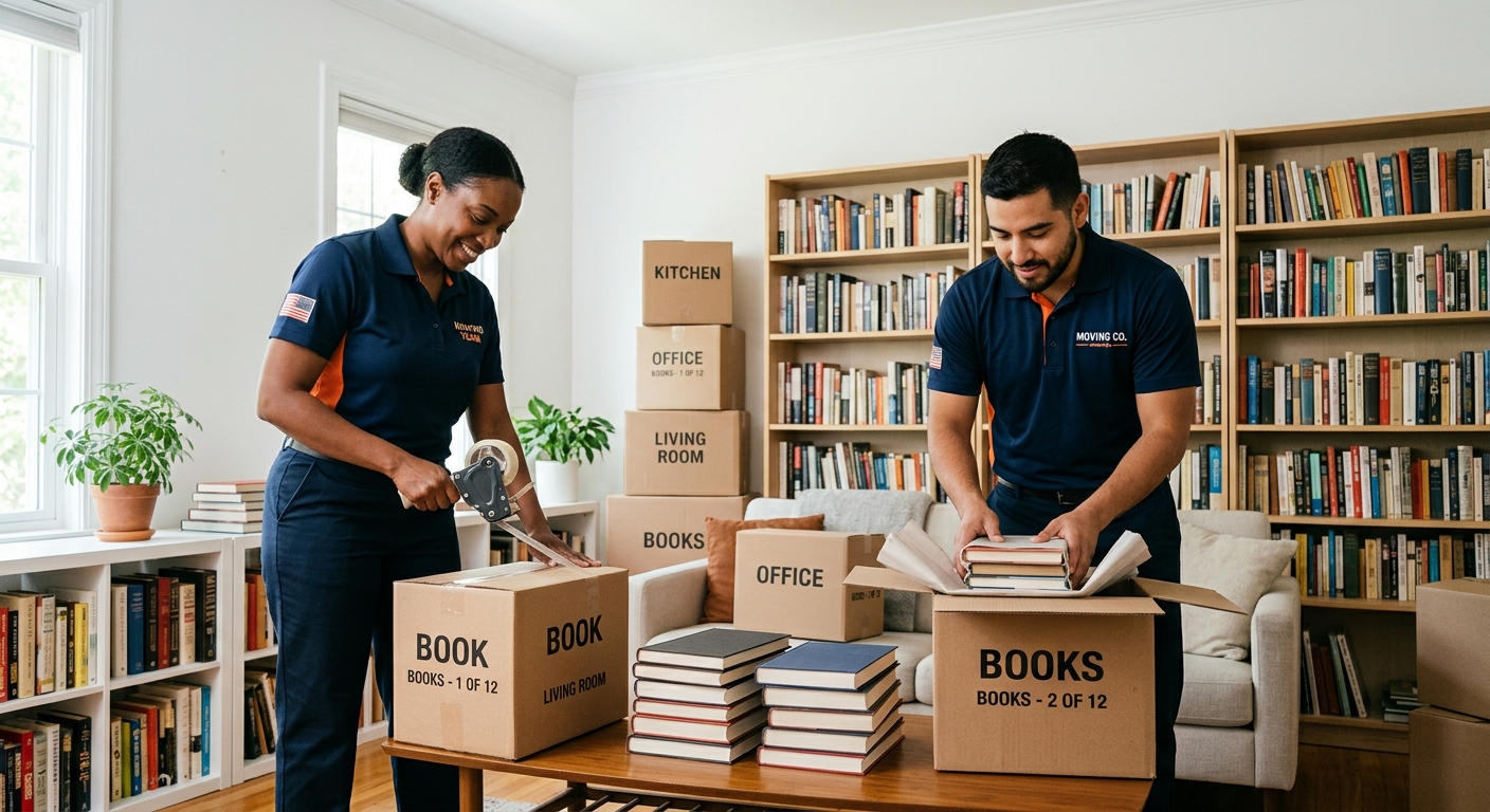 Professional movers packing books into small labeled boxes for a home move