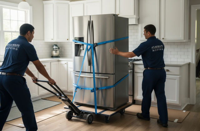 Professional movers carefully wheeling a refrigerator on a dolly out of a modern kitchen