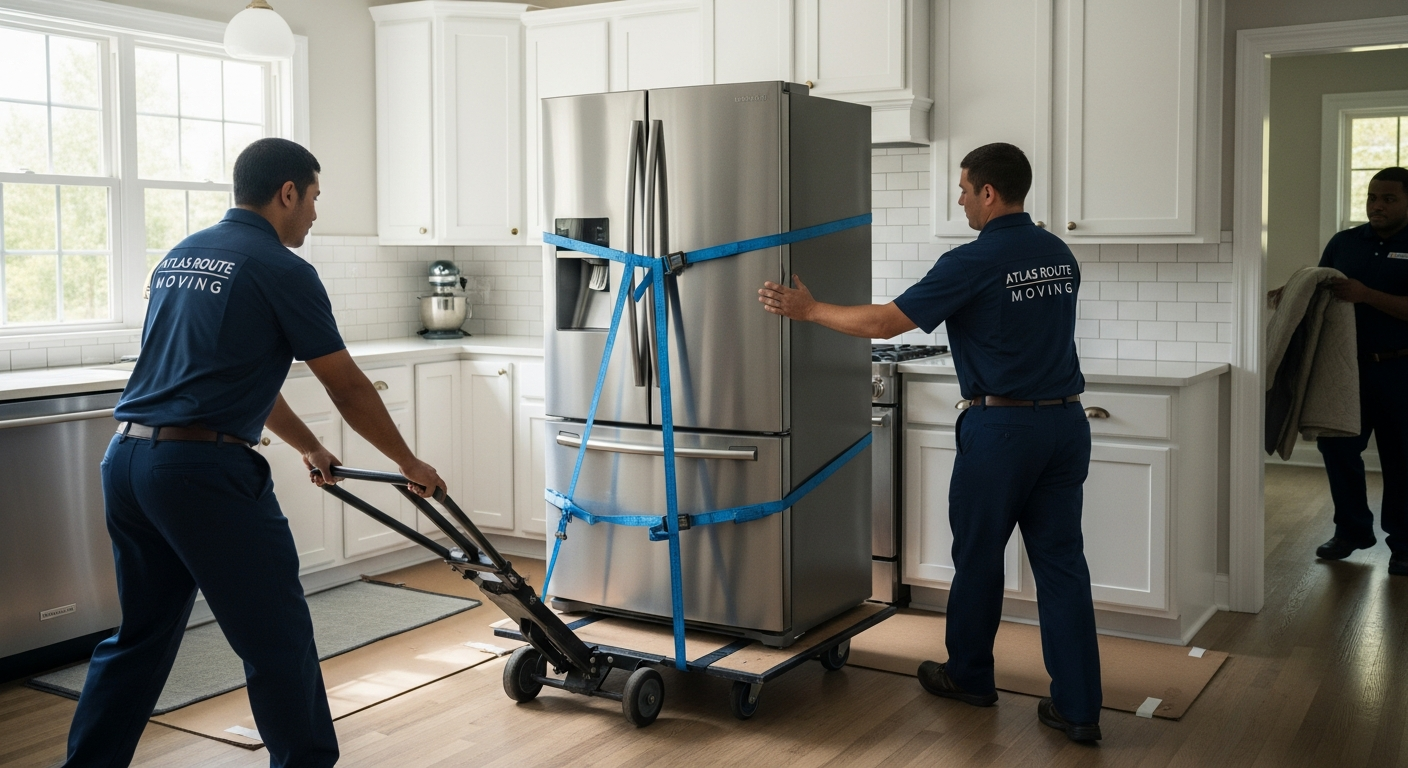 Professional movers carefully wheeling a refrigerator on a dolly out of a modern kitchen
