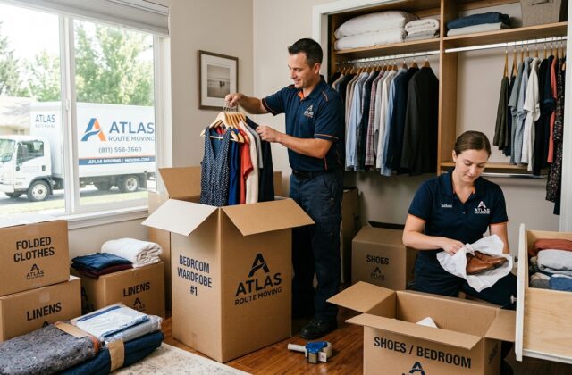 Professional movers packing clothes into wardrobe boxes and shoe boxes in a bedroom