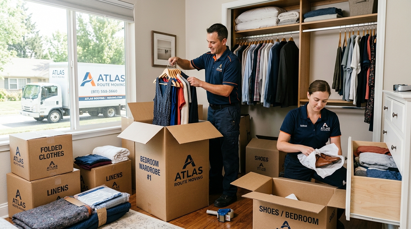 Professional movers packing clothes into wardrobe boxes and shoe boxes in a bedroom
