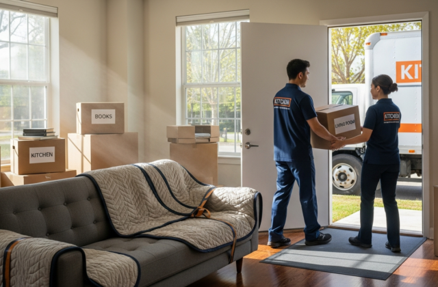 Professional movers quickly packing a living room for a last-minute move