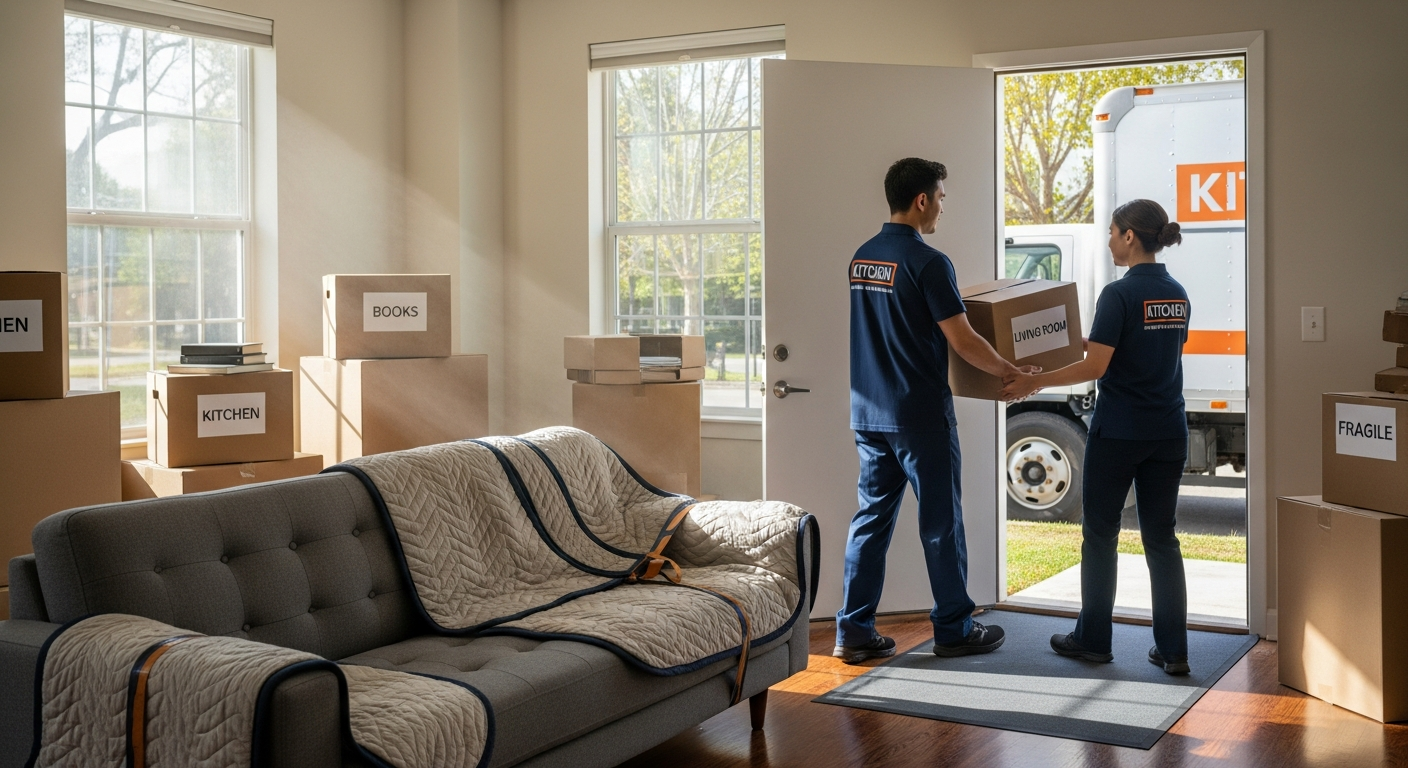 Professional movers quickly packing a living room for a last-minute move