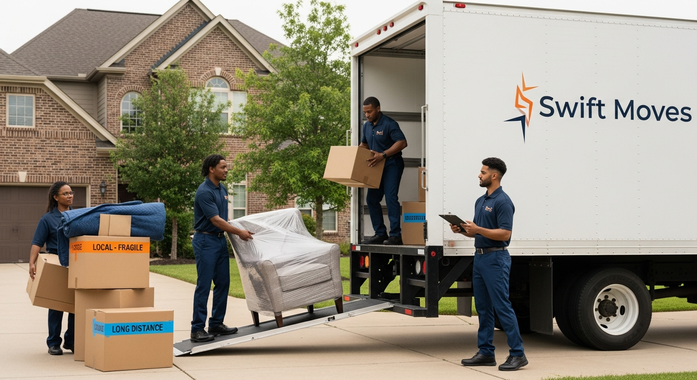 Professional movers loading boxes into a truck for a local or long-distance move