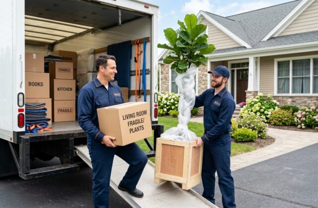 Professional movers preparing protected houseplants and boxes for a home move