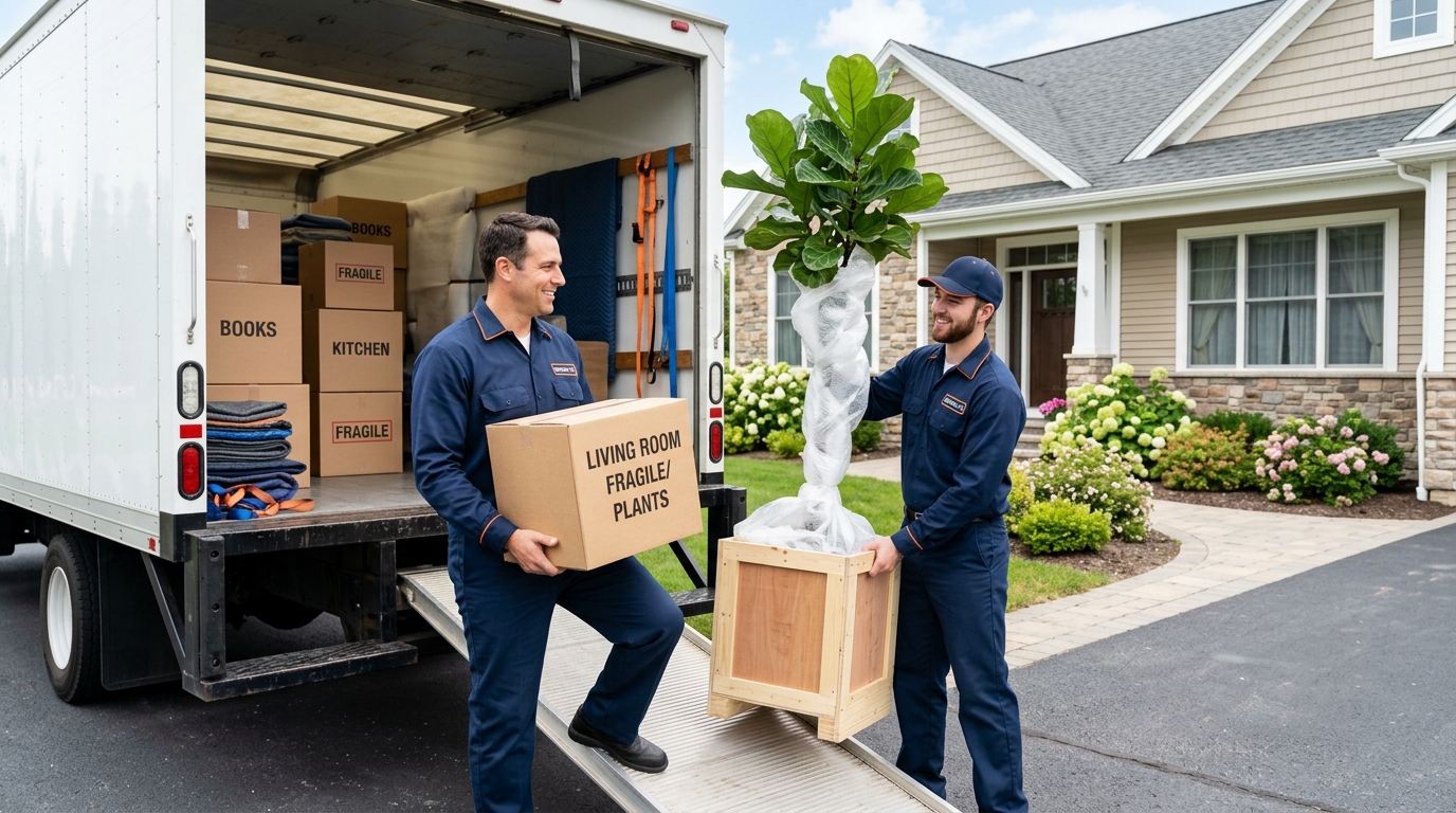 Professional movers preparing protected houseplants and boxes for a home move