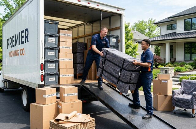 Professional movers loading reusable crates and cardboard boxes for an eco-friendly move